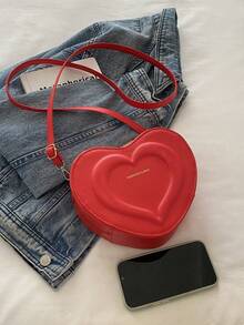 时尚百搭纯色新款PU皮革单肩包，休闲简约心形小方包，女士款 - 紅色 - 查看 3