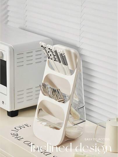 3-Tier Large-Capacity Kitchen Cutlery Organiser – With Drainage Function A Tiered Storage Box For Chopsticks, Knives, Forks And Spoons. Minimalist Tabletop Organiser Suitable For Kitchens, Living Rooms And Back-To-School Essentials