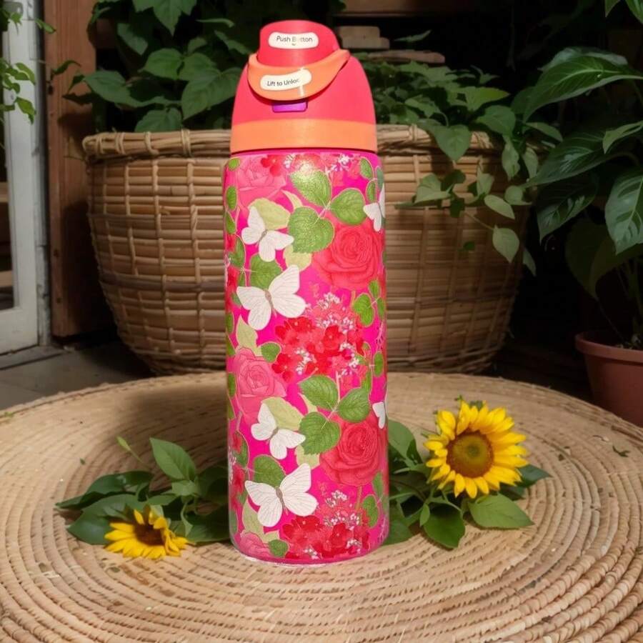 Owal'o 32oz  Stainless Steel Insulated Water Bottle - Keeps Beverages Hot Or Cold For Extended Periods, Available In Various Floral Designs, Features A Pop-Up Lid, Carrying Handle, And Straw, Perfect For Outdoor Activities, Car Use, Sports, And As A Gift. - hồng - Xem 1