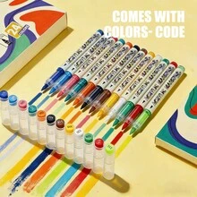 Set de 12/24 colores de rotuladores de pintura acrílica, sistemas de color clásicos, metálicos, macarons y tonos de piel disponibles, suministros de arte y pintura para estudiantes, opacos, lavables y de secado rápido - Marcador líquido recto - Ver 6