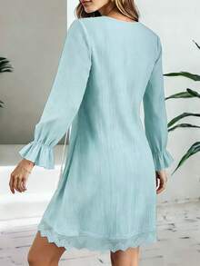 Đầm nữ cổ chữ V thêu họa tiết, tay dài xếp ly, điểm nhấn tua rua nhiều màu sắc, thích hợp cho kỳ nghỉ hè, đi biển, thanh lịch. - Màu xanh Bạc hà - Xem 5