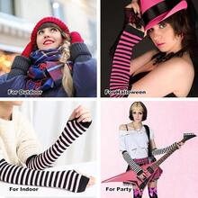 UTTPLL Womens Punk Gothic Long Arm Warmers Striped Fingerless Gloves Winter Knitted Stretchy Mittens Thumb Hole Wrist Warmer,OneSize,StripeBlackGrey - 條紋黑灰 - 查看 7