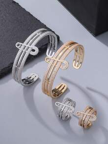 一套时尚优雅的立方氧化锆女士手链戒指套装，针形首饰，镀金手链，镀银手链，双色可选，手部饰品，适合日常佩戴，理想礼物，斋月配送 - 別針 - 查看 4