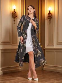 DEVCHATA Luxury Women's Elegant Long Jacquard Trench Coat, Round Neck Design, Suitable For Formal Dinners, Christmas Parties, Vacations And Autumn/Winter Dates (Flower Placement Random) - Black - View 2