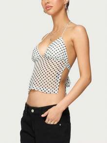 Womens Sexy Backless Halter Top Y2k Polka Dot Print Spaghetti Strap Sleeveless Deep V Neck Tie Back Cami Tank Tops Mesh See Through Camisole Crop Tops Summer Cute Going Out Tops Party Club Beach Vacation Streetwear - 白色 - 查看 5