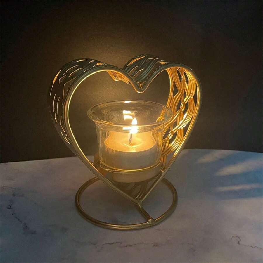 Candelabros de San Valentín, elegantes adornos de metal con forma de corazón para escritorio, decoración para fiestas y el hogar. - dorado - Ver 1