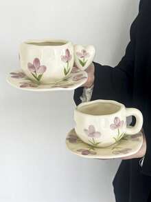 1 bộ cốc cà phê và đĩa lót bằng gốm sứ cao cấp họa tiết hoa tulip tím kiểu dáng Ins, cốc và đĩa tráng men vẽ tay, cốc đựng sữa ăn sáng, đĩa đựng bánh mì, cốc nước văn phòng, cốc Latte Art, cốc đựng nước ép, cốc nước cho cặp đôi, quà tặng ngày lễ cho gia đình và bạn bè - Nhiều màu - Xem 1