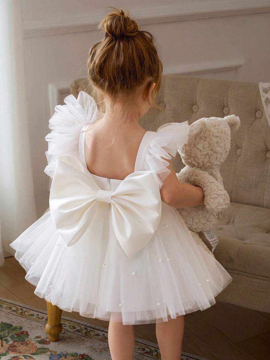 Baby Girls' White Cap Sleeve Bow Beaded Mesh Elegant Party Dress, Princess Dress Suitable For Girls, 1st Birthday, Party, Banquet, Wedding Flower Girl, Holiday Celebration - White - View 1