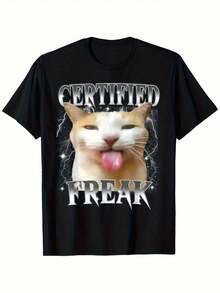 Certified Freak Funny Cat Meme T-Shirt - Men'S Casual T-Shirt, Playful Eat Cement Design, Black Short Sleeves, Crew Neck, Weight And Breathable, Suitable For Casual, Year-Round Clothing | Sports Style T-Shirts | Glossy Fabric, Cat Shirt - 黑色 - 查看 6
