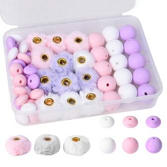 57 piezas/set Cuentas de silicona de 15 mm de colores mixtos para hacer llaveros, kits DIY. Pompones de piel sintética esponjosos y suaves para hacer collares, pulseras y manualidades de joyería.
