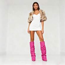Women's Slouched Ruched Fold Over Boots - Patent Leather Covered Wedge Heel Wide Calf Pointed Toe Knee High Casual Boots - Pink - View 6