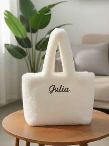 1pc Customized Embroidered Name/Text Plush Tote Bag - Soft Faux Fur Handbag, Suitable For Commuting, Travel, School, Lightweight & Elegant With Adjustable Shoulder Strap, Machine Washable, Great Christmas Gift