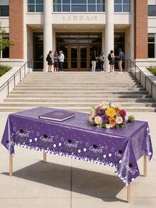 3pcs 137x274CM/53.94x107.87IN Graduation Theme Tablecloth - Waterproof & Stain Resistant, Burgundy/Light Blue/Blue/Purple "Congrats GRAD" Letter + Graduation Cap Print, Plastic Material, Suitable For Graduation Party, Promotion Ceremony, Campus Celebration Events And Daily Use - Purple - View 1