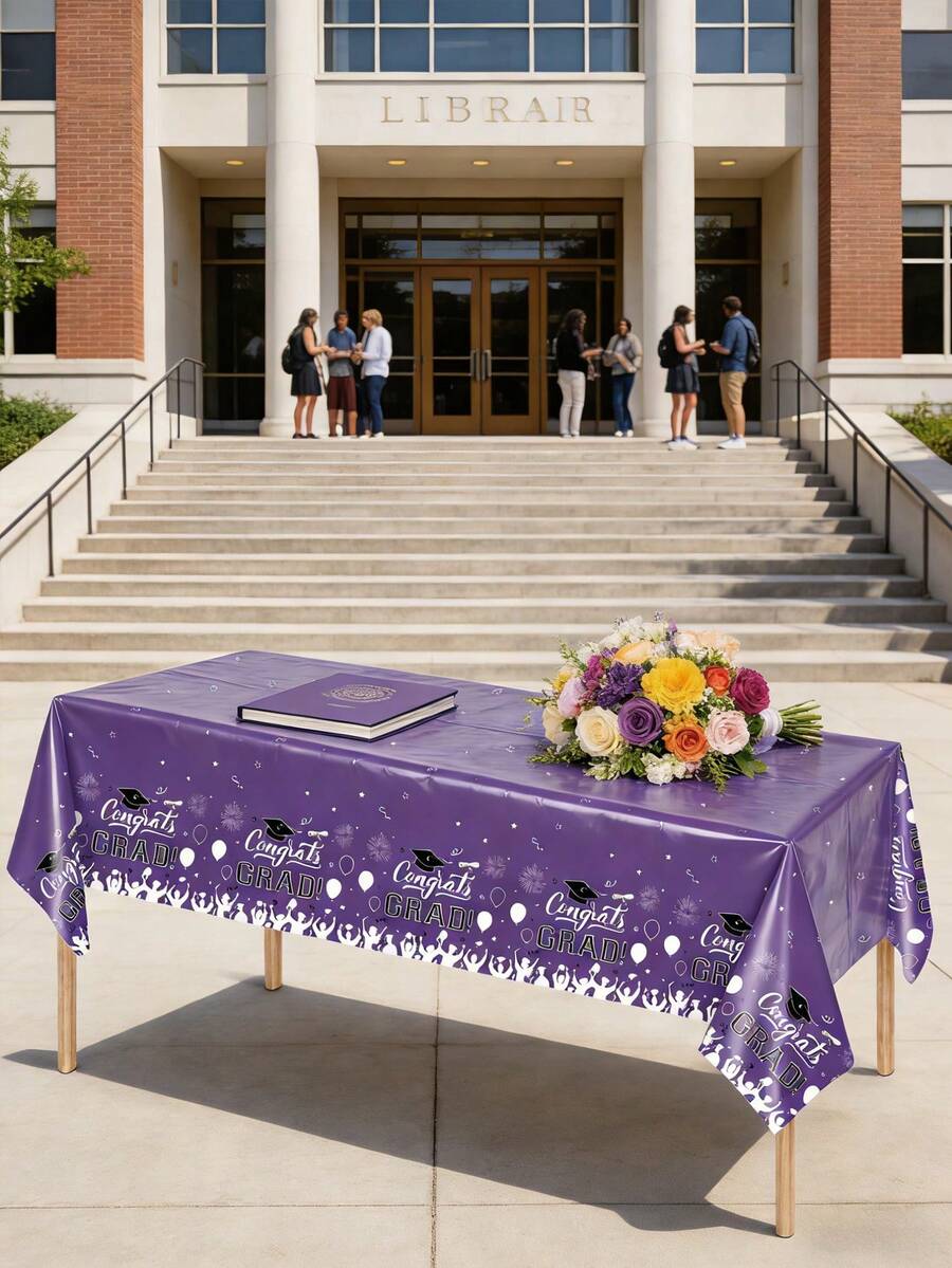 3pcs 137x274CM/53.94x107.87IN Graduation Theme Tablecloth - Waterproof & Stain Resistant, Burgundy/Light Blue/Blue/Purple "Congrats GRAD" Letter + Graduation Cap Print, Plastic Material, Suitable For Graduation Party, Promotion Ceremony, Campus Celebration Events And Daily Use - Purple - View 1