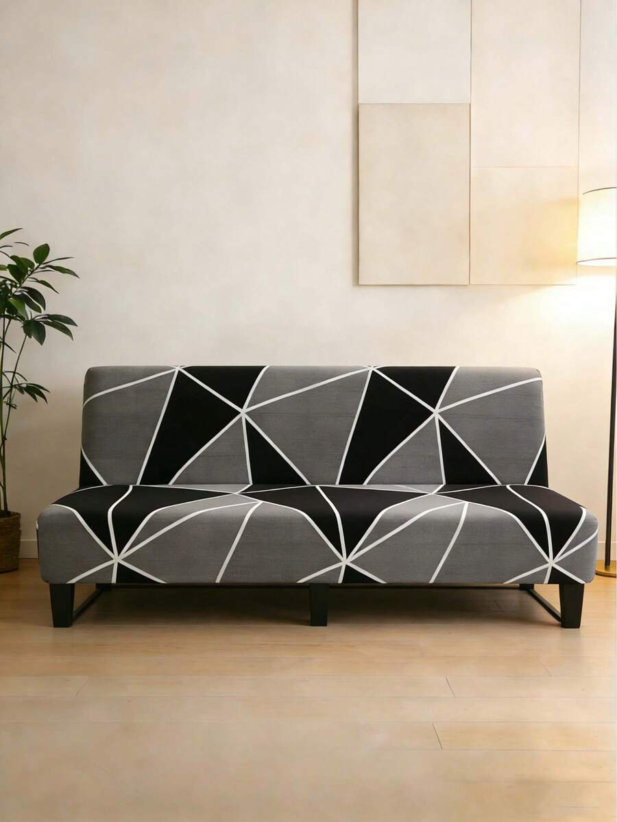 Armless Geometric Pattern Sofa Bed Cover, Elastic Full Wrap Polyester Sofa Slipcover, Knitted Milk Silk Fabric, Suitable For All Seasons - Dark Grey - View 1