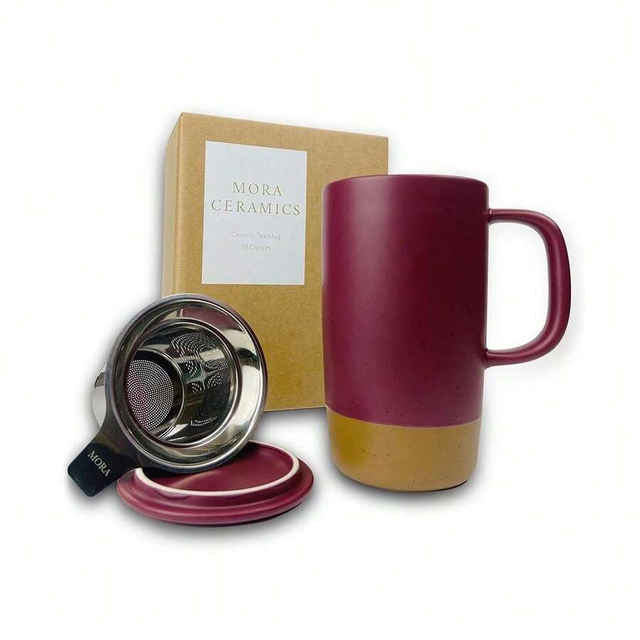 Mora Ceramics Large Tea Mug With Loose Leaf Infuser And Ceramic Lid, 18 Oz, Portable, Microwave And Dishwasher , Tall Coffee Cup - Rustic Matte Ceramic Glaze, Modern Herbal Tea Strainer, Merlot - Rượu vang đỏ Merlot - Xem 1