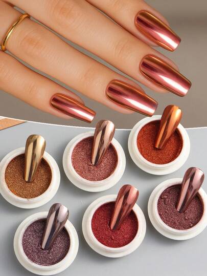 FULL BEAUTY 6 st metalliskt rött spegelnagelpuder, alla hjärtans dag Y2K metalliskt, roséguld, orange, brunt glitter nageldekorationer, julklapp för kvinnor