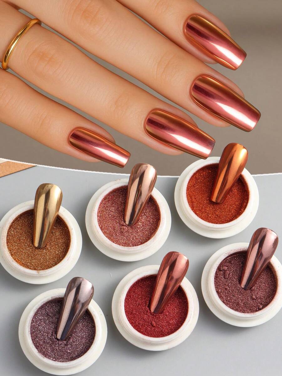 FULL BEAUTY 6件装金属红色镜面指甲粉，情人节Y2K金属色，玫瑰金，橙色，棕色闪粉美甲装饰，节日礼物（女士） - 彩色 - 查看 1