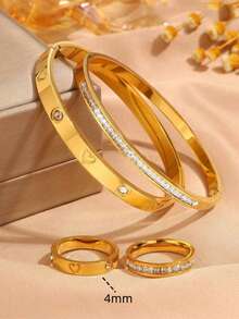 4pcs Stainless Steel Heart Shaped Rhinestone Bracelet & Ring Set, Waterproof & Fade-Resistant, Suitable For Women's Daily Wear, Holiday Gift - Gold Heart - View 17
