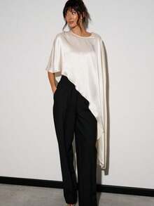 Awevudst Women's Loose Satin Poncho Tunic Tops High Low Silk Shawl Round Neck Ruffle Hem Capes See Through Shrug Bolero Top Cover Up Beachwear - trắng - Xem 3