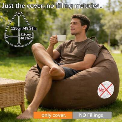 Funda para silla de puf grande de 125*119cm/49.21*46.85in para camping al aire libre, picnic, playa y ocio, sin relleno, con bolsillo lateral y asa, apertura de cremallera de 80cm en la parte inferior