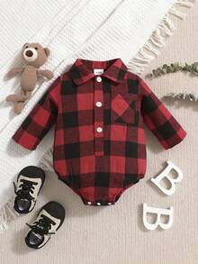 2 件套男婴格子马球领长袖连体衣，秋冬