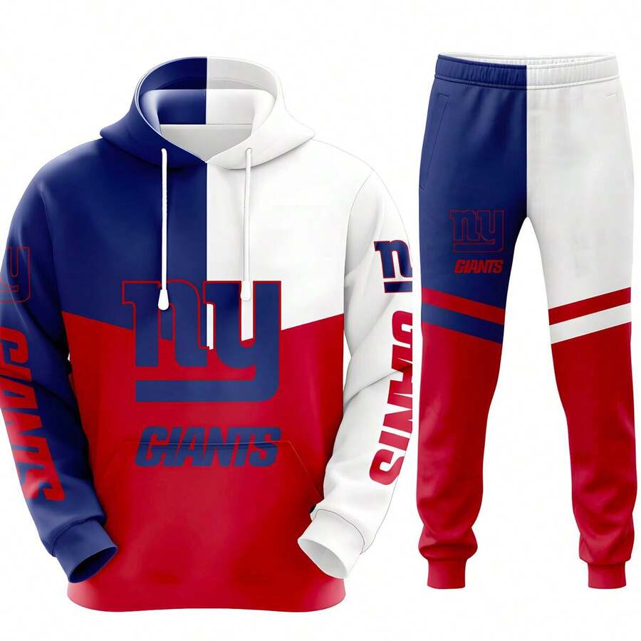 New-York-Giants Men'S Stylish 3D Lion Print 2pcs Athletic Wear Set - Long Sleeve Hoodie & Joggers, Casual Outdoor & Gym Wear For Spring/Fall, Football Team Pattern Design, Comfortable & Breathable Fabric, Perfect For Comfortable Fit - 彩色 - 查看 1
