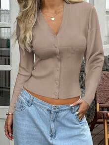 Áo khoác cardigan tay dài cổ chữ V màu trơn, kiểu dáng Y2K Sunshine Girl gợi cảm, thích hợp cho mùa xuân, ngày Valentine và mùa tựu trường. - Màu Khaki - Xem 9