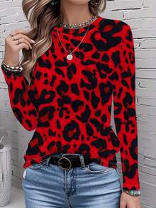 Women's Red Leopard Print T-Shirt - Long Sleeve Round Neck Blouse With Full-Body Animal Print, Spring/Autumn Casual Top For Home, Office & Daily Wear, Machine Washable Non- Shirt For Layering Or Standalone Outfits - Mixed Color - 查看 5
