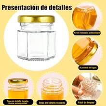 SUIOO Mini Tarros De Cristal De 15 Oz 24 Tarros Miel Pequeños Hexagonales con Tapas Doradas Para Miel Especias Mermelada Y Velas Con Bolsa Regalo colgantes Abeja Cuerda De Cáñamo Etiquetas Pegatinas - Dorado - Ver 4