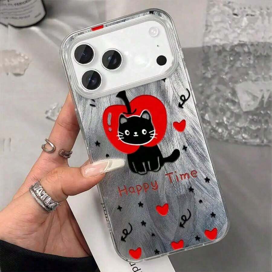 Funda para iPhone de Apple con diseño de plumas y agujeros grandes, estilo divertido con patrón "Happy Time" de gato , alta belleza, compatible con iPhone 17, 16, 15, 14, 13, 12, 11 Plus, protectora, Cubierta del Dispositivo,Patrón Juguetón,Cubierta Duradera,Impresión de alta calidad,Funda de Móvil - Plateado - Ver 1
