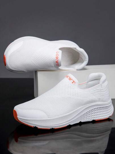 1 Pair Men's Solid Color Casual Letter Print Anti-Slip Lightweight Wide Fit Loose Sporty Sneakers, Suitable For Outdoor Wear In Spring And Autumn