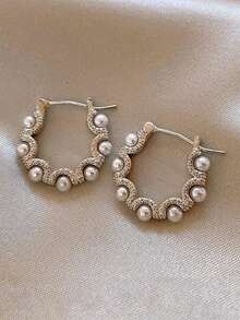 1 đôi Của Đơn giản , Ánh sáng Sang trọng Và Cao-kết thúc Retro Rỗng Váy rộng Ngọc trai Giả Hoa tai - Màu Bạc Cổ - Xem 6