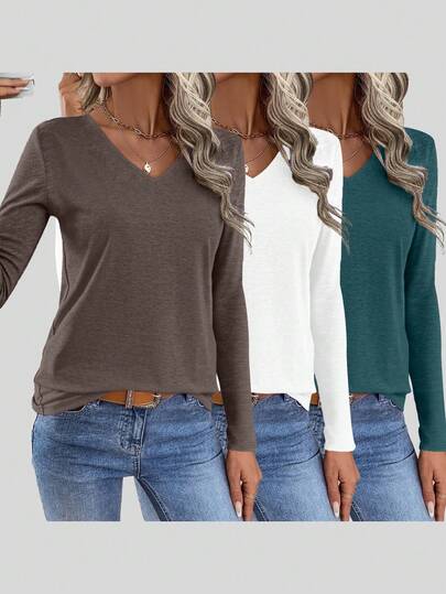3 pezzi Maglie casual a maniche lunghe con scollo a V, colore unito, stile morbido, per donna, primavera