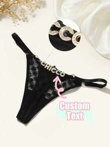 Personalized Thong With Rhinestone Words Funny Custom Thongs For Women Sexy Lace Underwear G-String Panties - Black - View 2