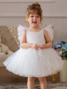 Baby Girls' White Cap Sleeve Bow Beaded Mesh Elegant Party Dress, Princess Dress Suitable For Girls, 1st Birthday, Party, Banquet, Wedding Flower Girl, Holiday Celebration - White - View 5