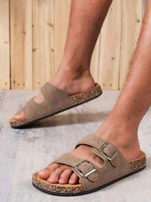 Men's Fashion Double Buckle Casual Anti-Slip Slippers, Suitable For Indoor And Outdoor Walking Open-Toe Slides