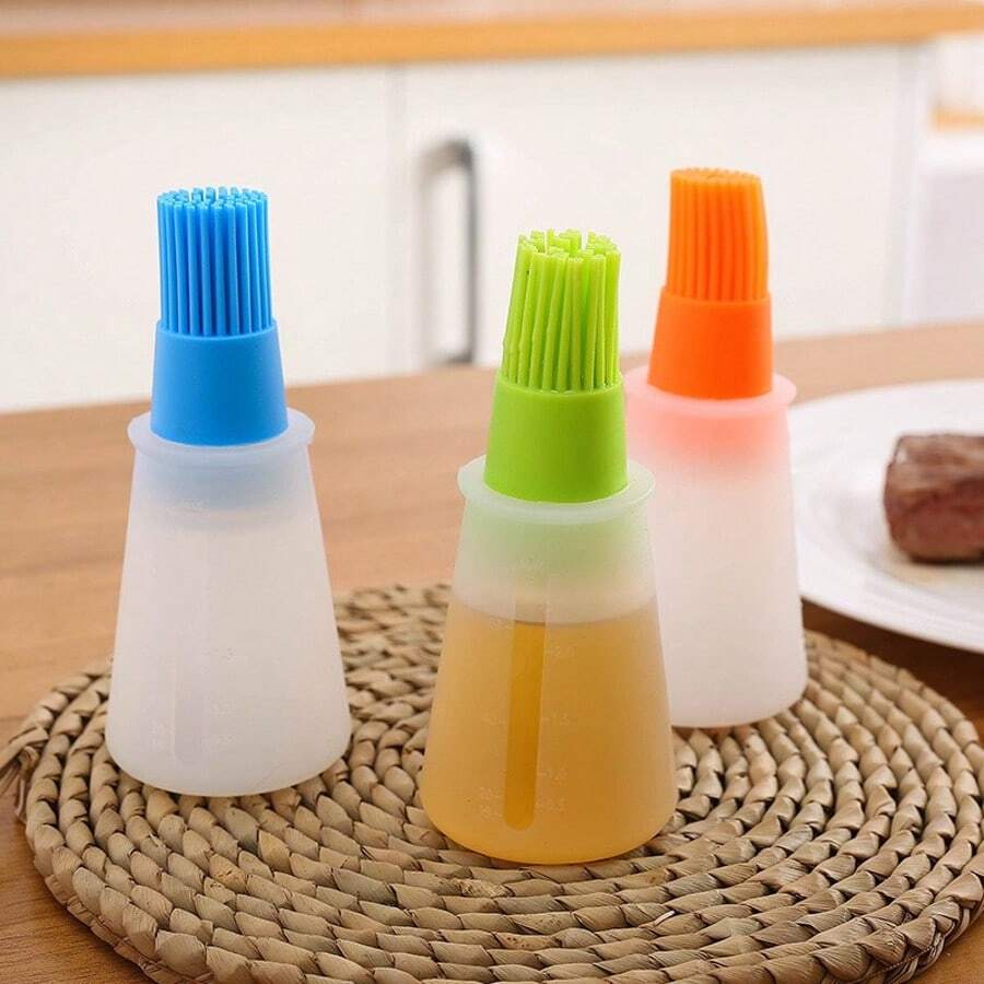 Silicone Basting Brush, Silicone Flat Barbecue Oil Bottle With Brush, Outdoor Camping Barbecue Brush With Scaled Oil Pot, All-In-One Silicone Barbecue Oil Brush Bottle, Multi-Function Kitchen Baking Brush - Lime Green - View 1