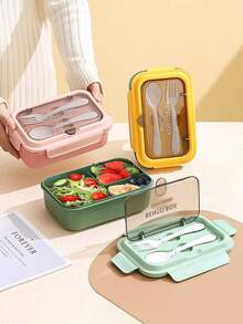Caja de almuerzo con cuchara y tenedor, Caja Bento, Caja de almuerzo escolar, Recipiente de almuerzo dividido a prueba de fugas para microondas, Portátil para la escuela, el trabajo, al aire libre, camping - Multicolor - Ver 3