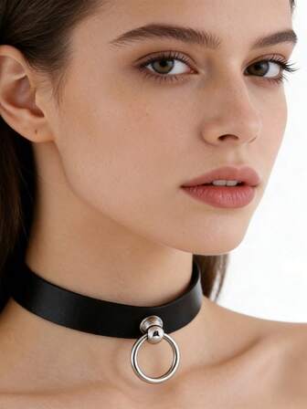 1個 レザーチョーカー Oリング 厚手ブラックベルベット レディース ホリデーギフト