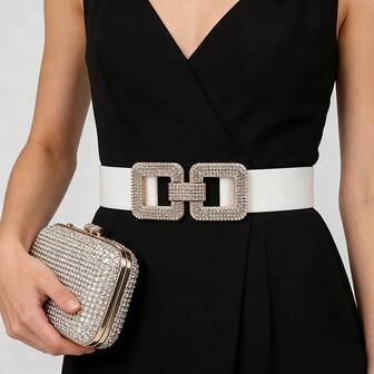 1PC Crystal Corset Belt Women For Dress And Daily Wear, Rhinestone Inlaid Double Square Buckle Elastic Belt For Valentines Day, Wedding