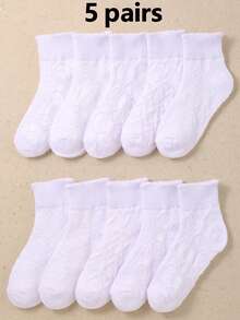 5 Pairs Kids Mid-Calf Socks, Breathable Mesh Material, Designs Include Smiling Face, Rabbit, Heart And Diamond Stripe, Suitable For Girls Wear In Summer, Breathable And Comfortable, Fit For Girls Aged 1-16 - White - View 16