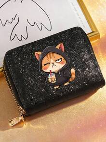 Cool Cat Printed Short Wallet, Fresh And Simple PU Shiny Organ Card Bag, Coin Wallet Zipper Bag, Portable Small Wallet, Suitable For Daily Outings Or As Gifts, Exclusive Wallet For Pet Enthusiasts - one-size - View 2