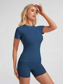 6pecil Women's Minimalist Solid Color Round Neck Short Sleeve T-Shirt, Summer Deep Blue Sports - Blue - View 5