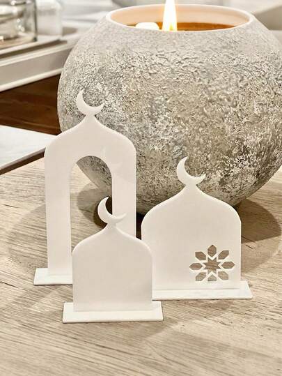 3pcs Star & Moon White Acrylic Garland With Display Stand, Home Decor Accessories, Elegant Wall & Table Decor For Living Room & Bedroom | The Perfect Islamic Accent & Gift For Ramadan, Eid & Family