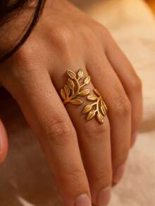 1pc Stainless Steel Minimalist 18K Gold Plated Leaf Open Ring, Suitable For Women's Daily Wear - Multicolor - View 2