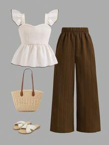 女童夏季荷叶边吊带上衣和阔腿裤两件套，荷叶袖背心，直筒纹理绉纱休闲日常装 - 卡其色 - 查看 1