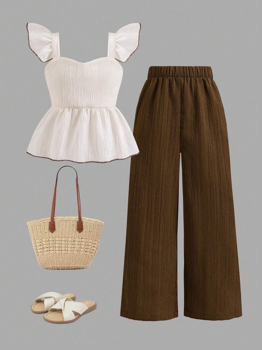 女童夏季荷叶边吊带上衣和阔腿裤两件套，荷叶袖背心，直筒纹理绉纱休闲日常装 - 卡其色 - 查看 1