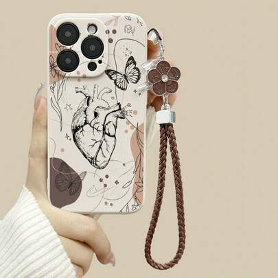 Funda protectora de teléfono con elemento de mariposa de TPU, con estampado de corazón anatómico y mariposa, con correa para la muñeca, borde recto pintado con mariposa, perforada con cadena, diseño simplista anti-caída y protección gruesa, compatible con iPhone 17 Pro Max/ 16/16 Pro/16 Pro Max/17/17 Pro/15 XR /7/8 15 Pro Max/12 Pro Max/13 Pro Max/14 Pro Max 13 14 11 12p 14 P11 P12 XS.XR /78P.78GES2, adecuada para A13 4G A22 A21S A51 4G A52 S22 Ultra A33 5G, compatible con Redmi 10, Redmi Note 11 4G, Redmi 11 Lite, A53, TPU A14 /A23/S23 Ultra S24 A14 A15 S23 A73, compatible con funda de teléfono Redmi, primavera cumpleaños