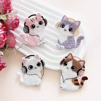 4pcs Assorted Cute Cat With Headphone Embroidered Patches, Cartoon Animal Clothing Decorative Appliques